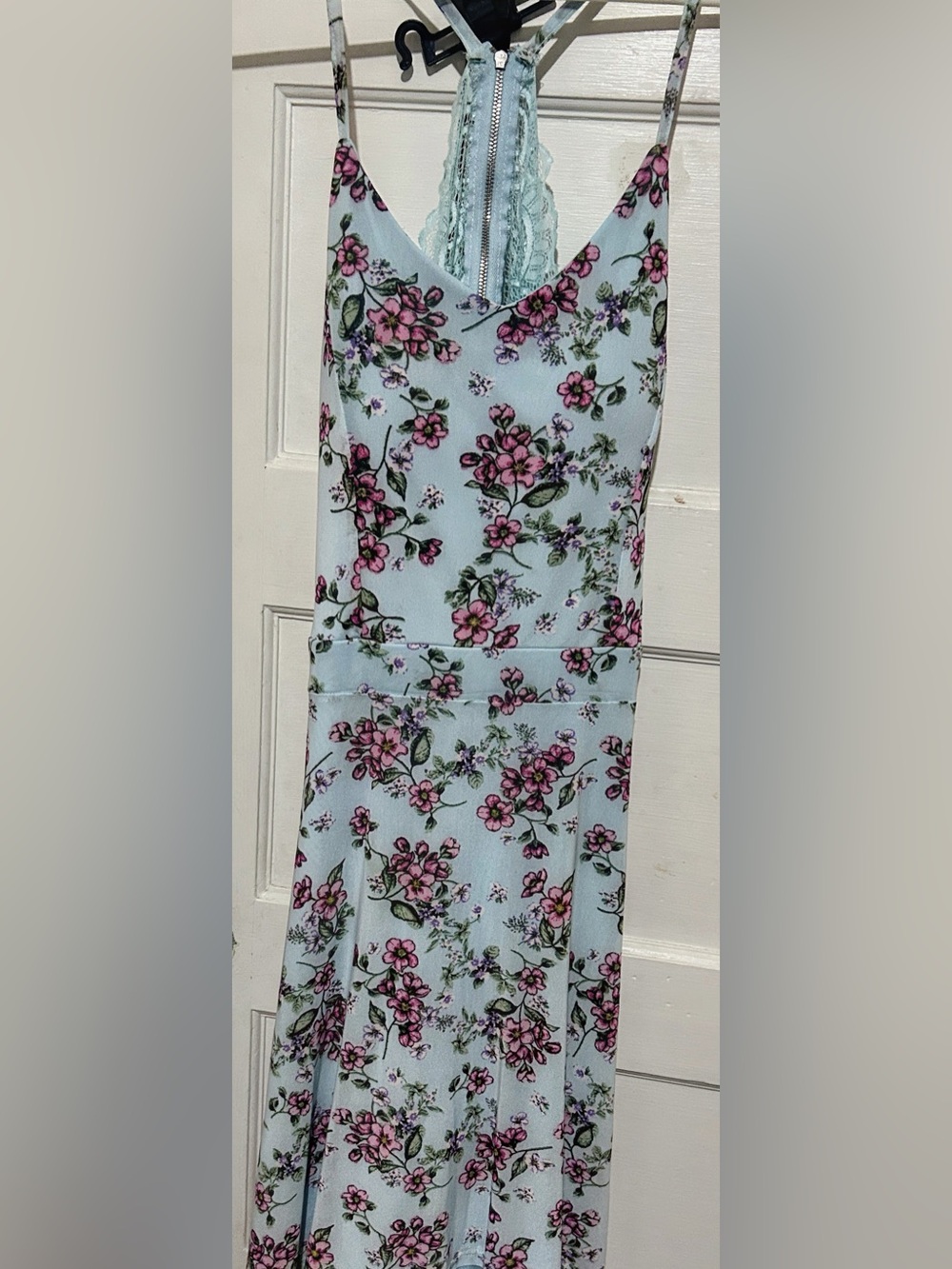 Floral Lace-Back Maxi Dress in Light Blue and Pink
